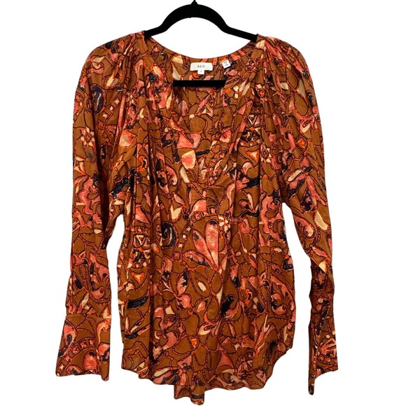 ALC $325 Nomad Long Sleeve Split Neck Brown Orange Blouse Size 4 - Picture 3 of 9